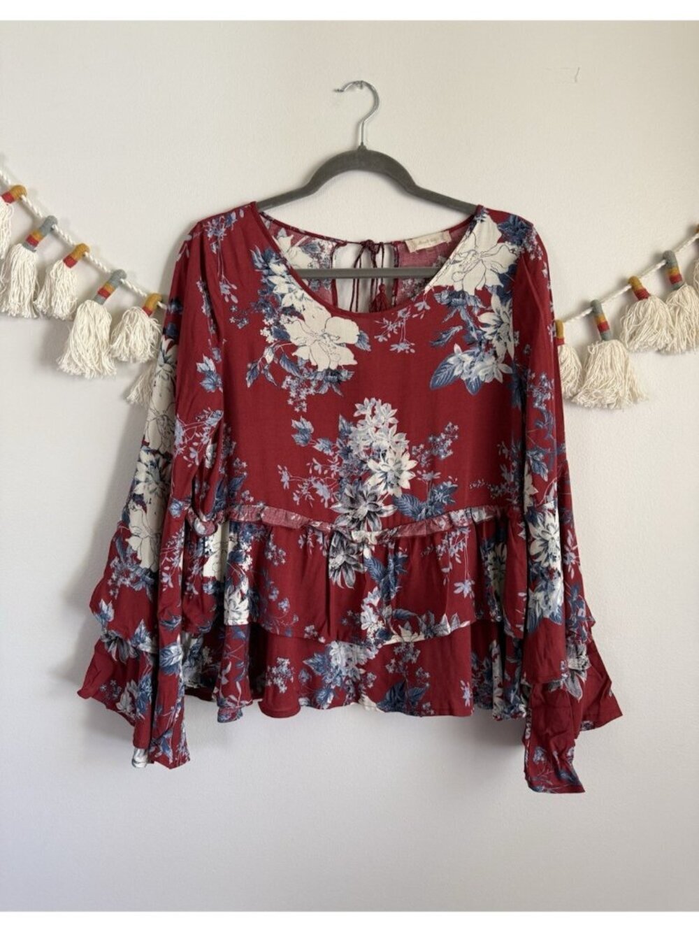 Altar’d State Red Floral Bell Sleeve Tiered Peplum Top Cottage Milkmaid Whimsy S